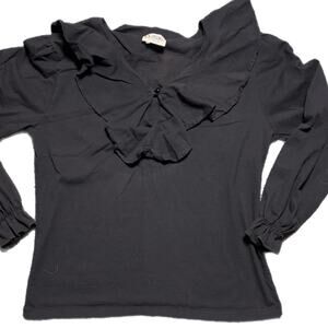 Vintage black long sleeve blouse with ruffle collar and wrist detail (large)